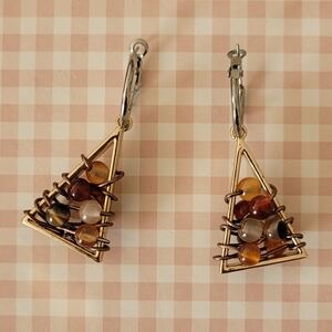 Triangular Gold and Brown Beaded Hoop Earrings